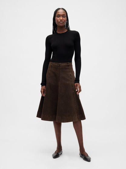 Koyu Kahverengi Denim Tulip Midi Etek