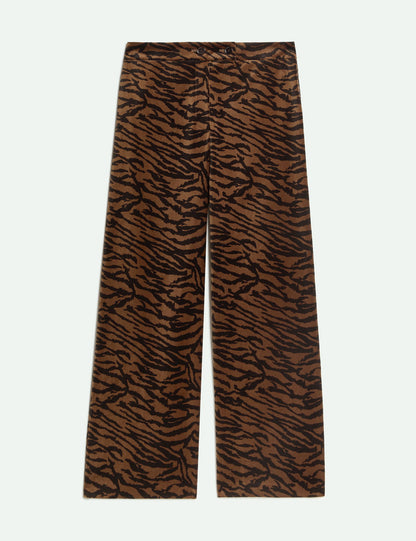 Kadife Leopar Desenli Wide Leg Pantolon