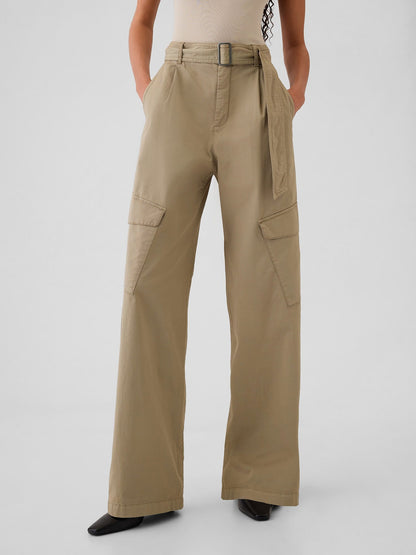 Bej High Rise Kargo Baggy Pantolon