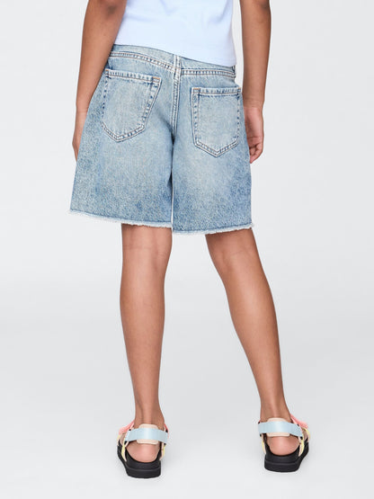 Mavi Düşük Bel Stride Denim Bermuda Şort