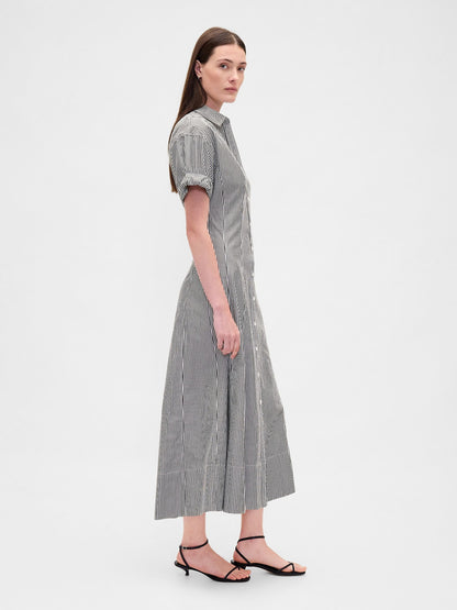 Siyah Beyaz Çizgili Poplin Roll-cuff Midi Gömlek Elbise
