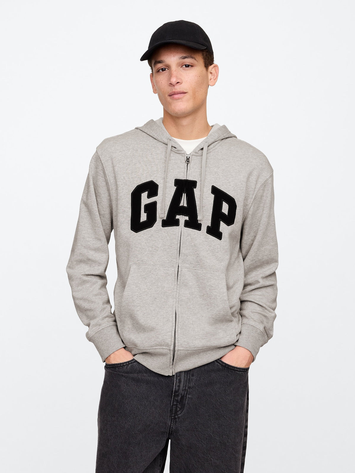Gri Gap Logo Fermuarlı Fransız Havlu Kumaş Sweatshirt