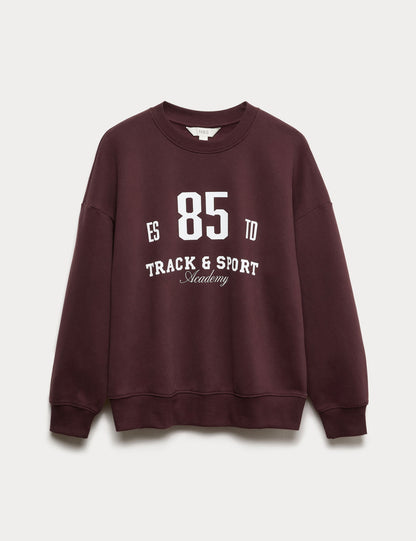 Pamuk Karışımlı Sloganlı Yuvarlak Yaka Sweatshirt