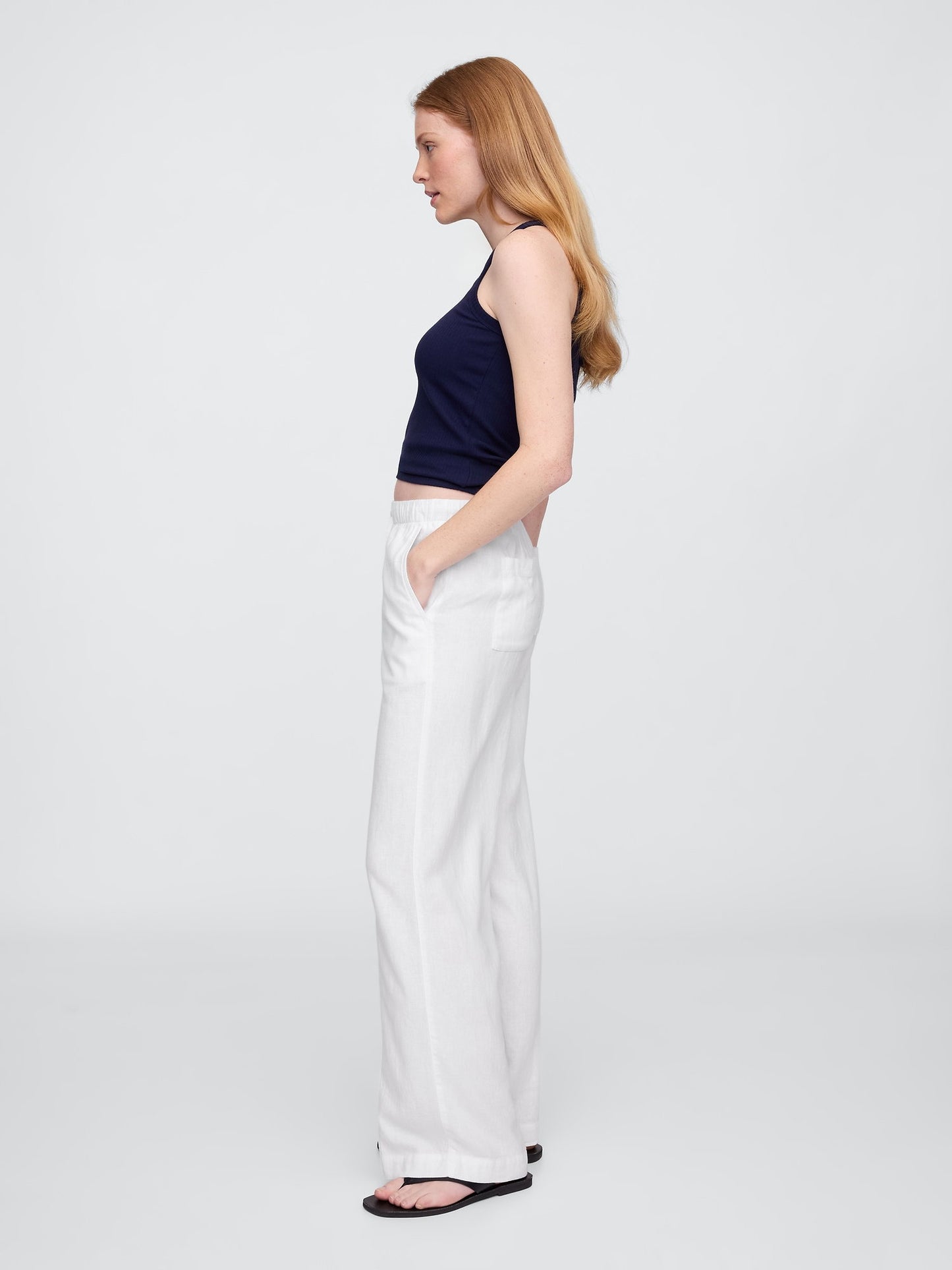 Beyaz Mid Rise Keten Karışımlı Pull-on Wide-leg Pantolon