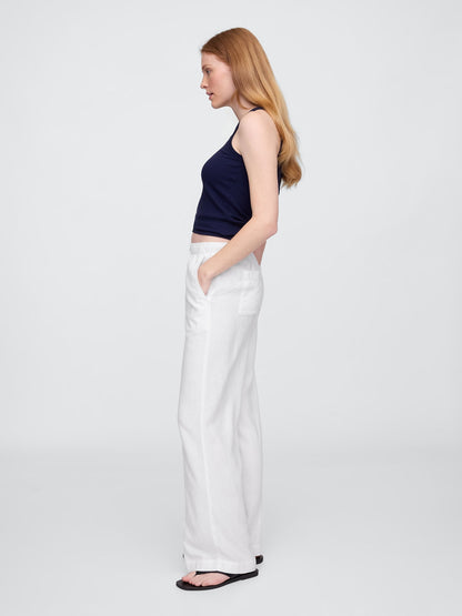 Beyaz Mid Rise Keten Karışımlı Pull-on Wide-leg Pantolon