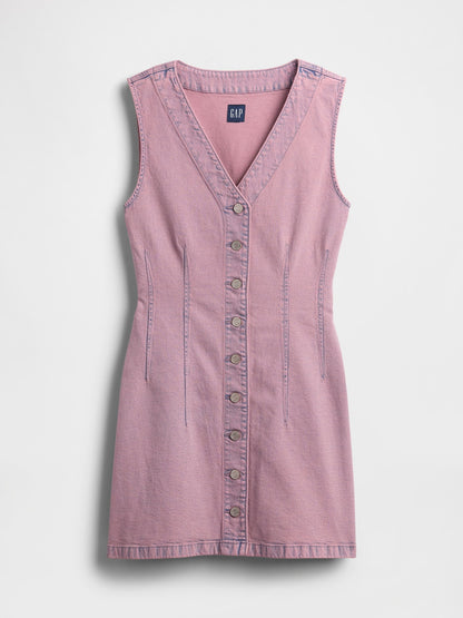 Pembe Denim V-yaka Mini Elbise