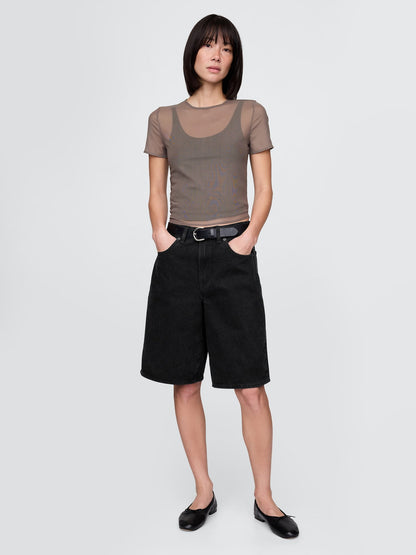 Koyu Gri Transparan Crop T-shirt