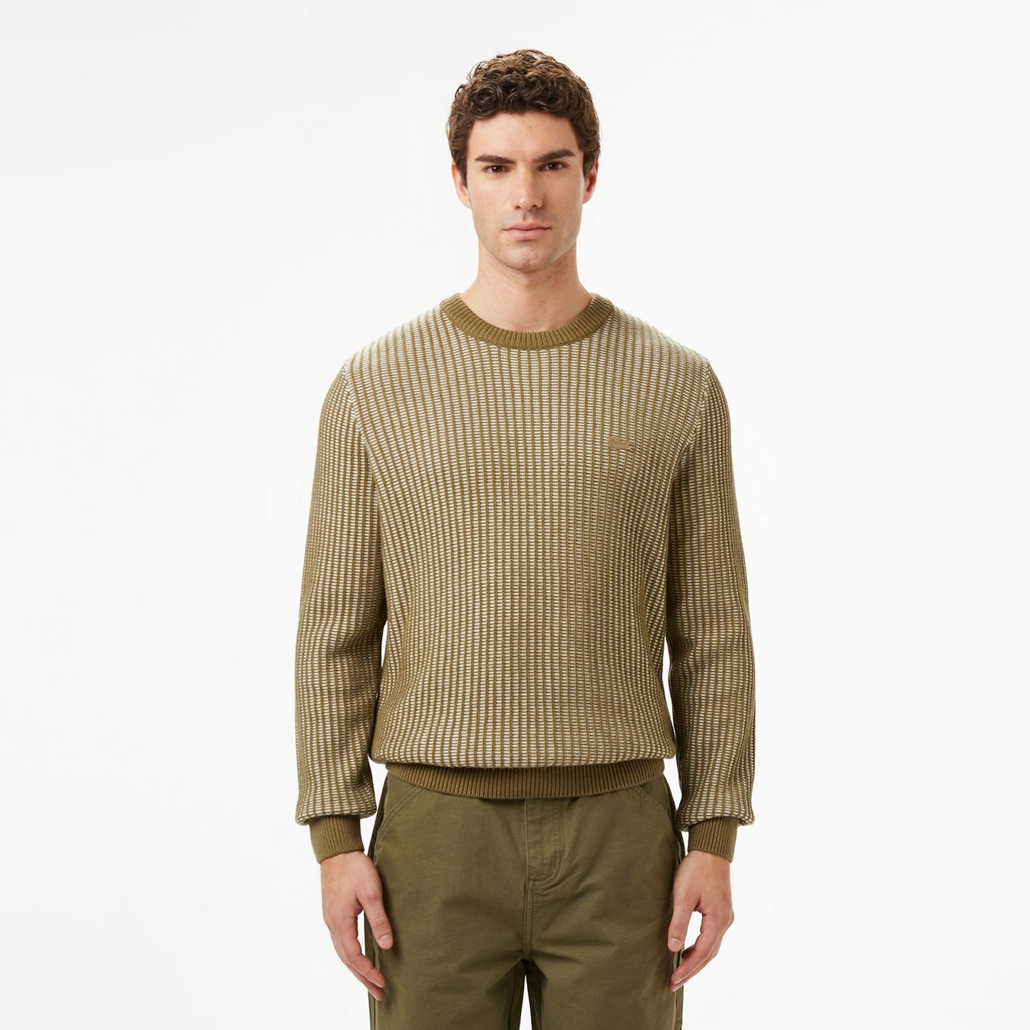 Lacoste Erkek Classic Fit Bisiklet Yaka Desenli Haki Kazak