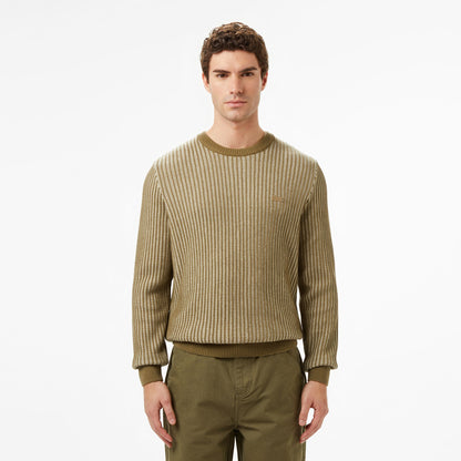 Lacoste Erkek Classic Fit Bisiklet Yaka Desenli Haki Kazak