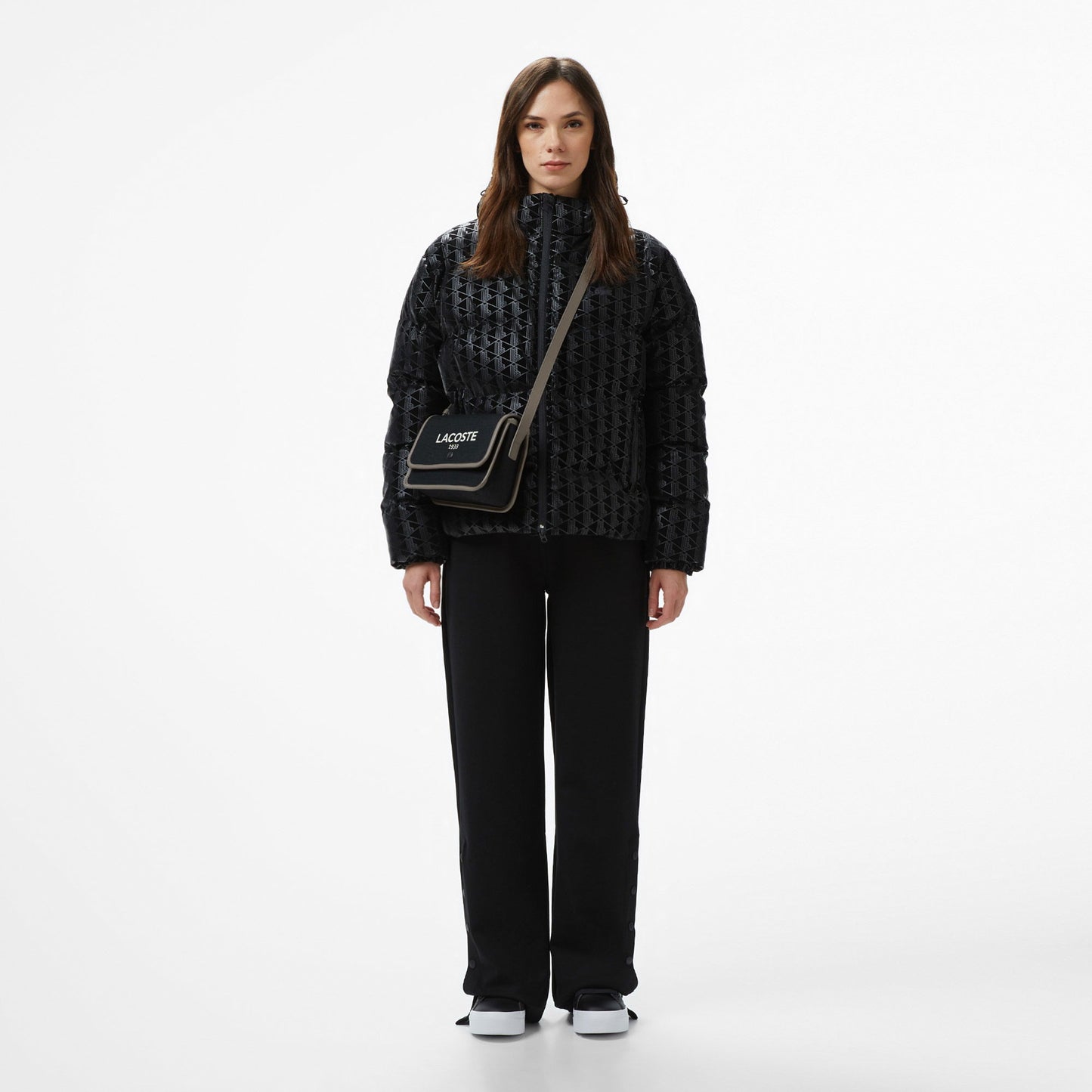 Lacoste Kadın Kapüşonlu Monogram Siyah Mont