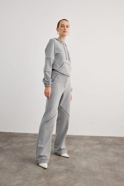 Fermuar Detaylı Beli Lastikli Gri Pantolon