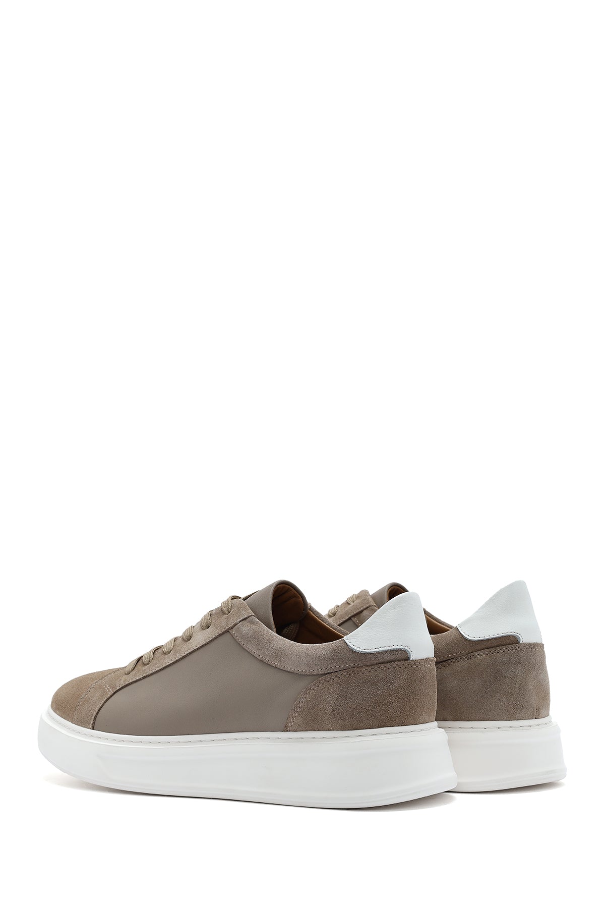 Erkek Bej Bağcıklı Deri Sneaker
