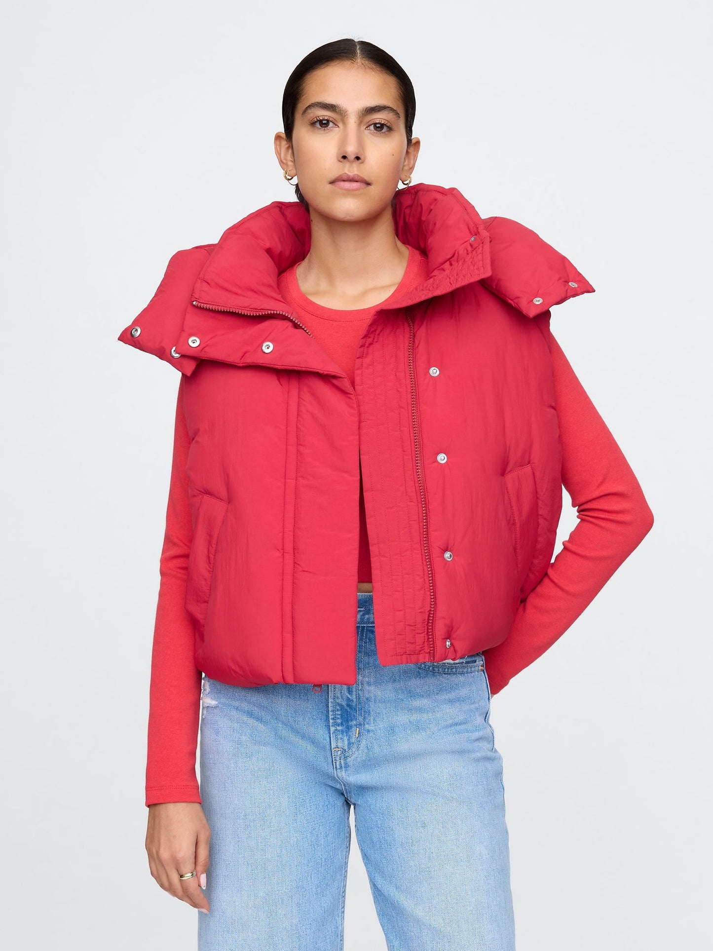 Kırmızı Crop Puffer Şişme Yelek