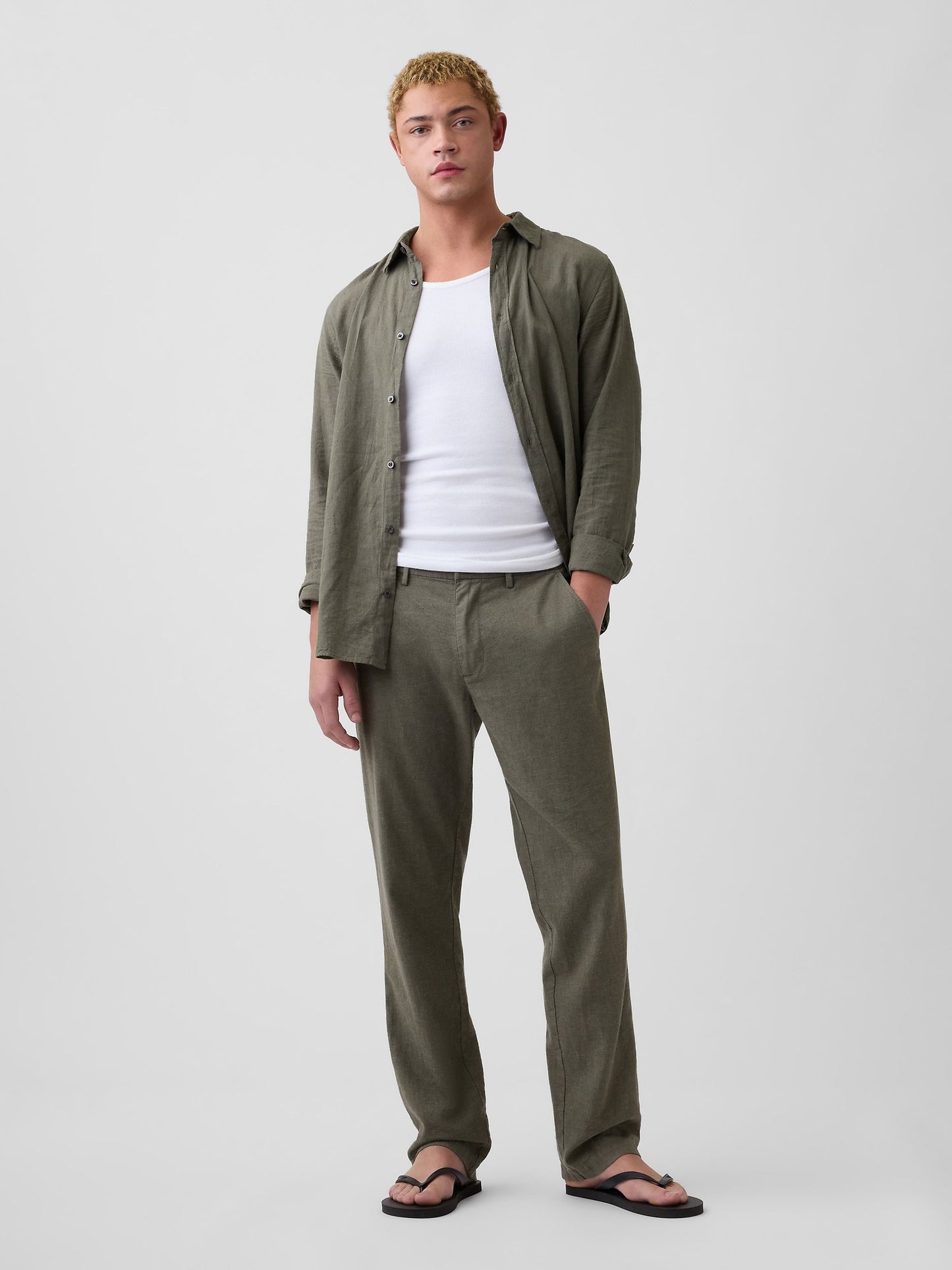 Haki Straight Keten Karışımı Pantolon