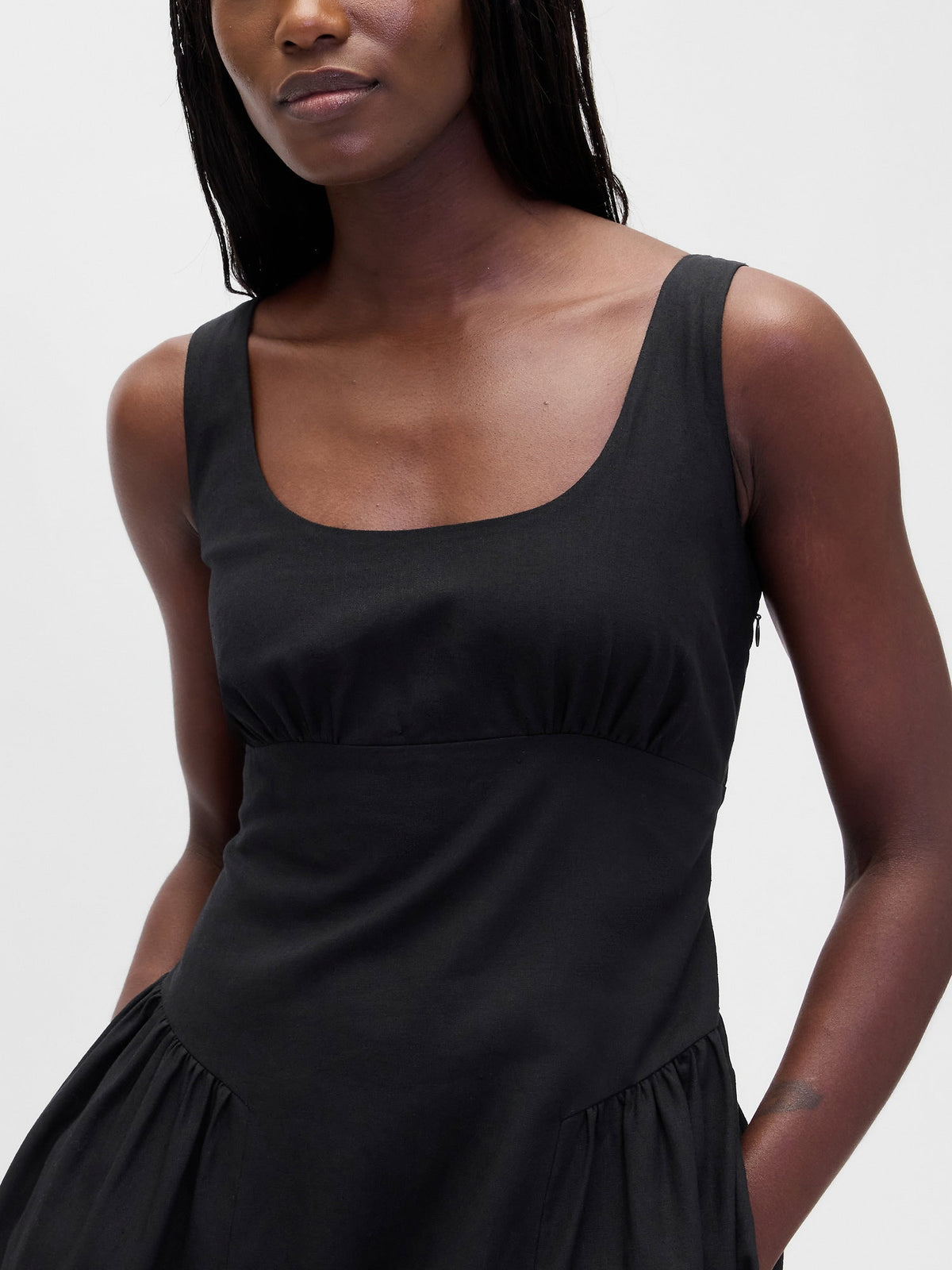 Siyah Keten Karışımı Shirred Maxi Elbise