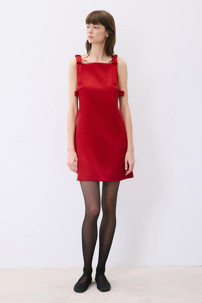 Fiyonk Detaylı Askılı Mini Bordo Elbise