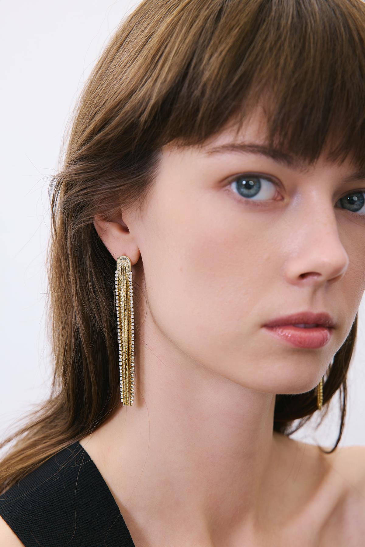 Işıltılı Uzun Gold Küpe