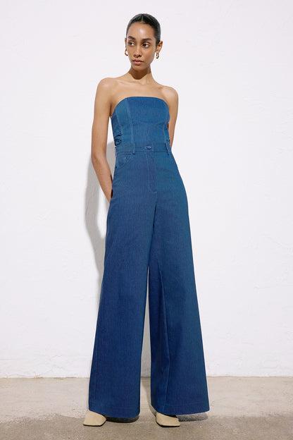 Geniş Paça Denim Dokulu Mavi Pantolon