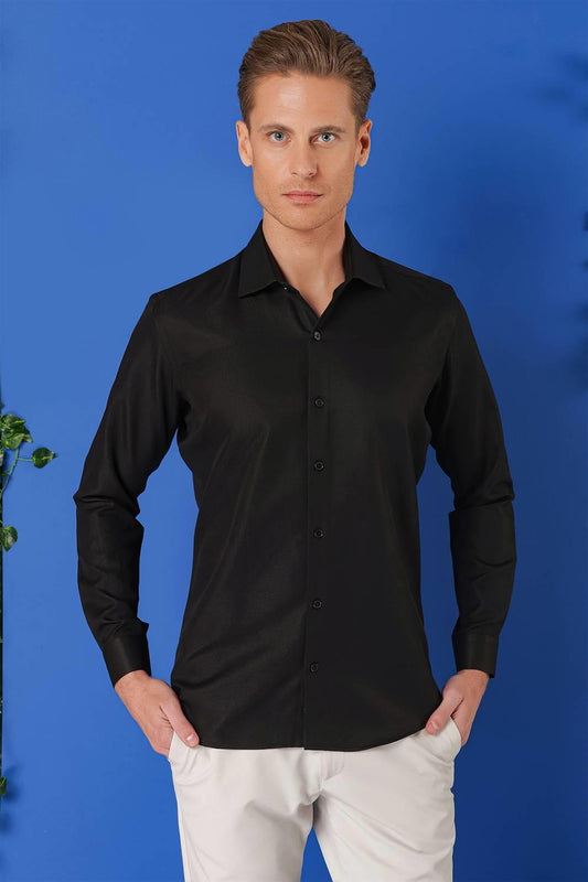 Gk 719 Slim Fit Dokulu Pamuklu Klasik Siyah Gömlek