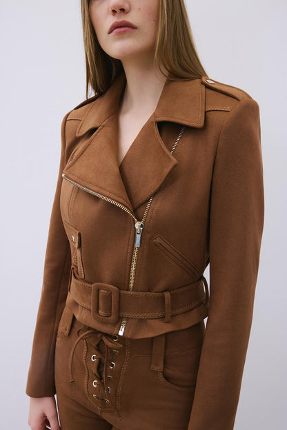 Gold Detaylı Kahve Biker Ceket