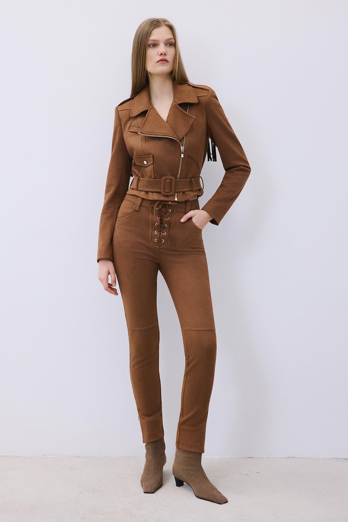 Gold Detaylı Kahve Biker Ceket