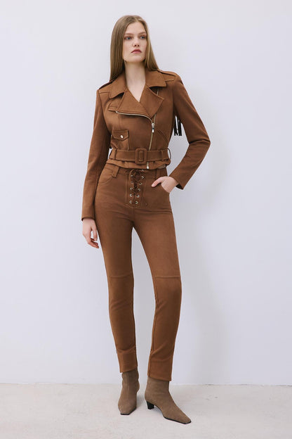 Gold Detaylı Kahve Biker Ceket