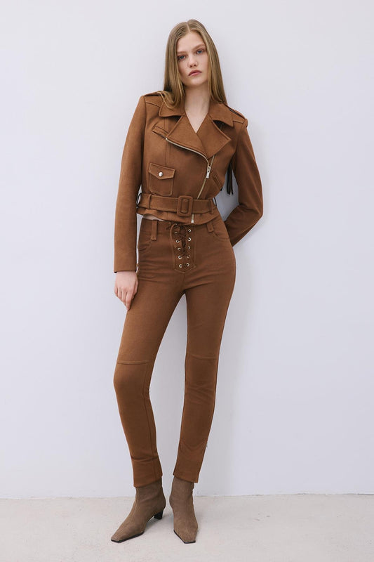 Gold Detaylı Kahve Biker Ceket