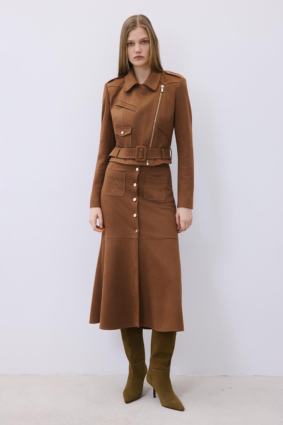 Gold Detaylı Süet Midi Kahve Etek