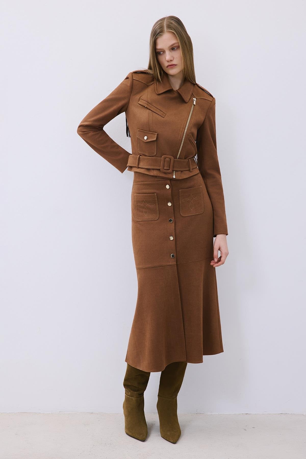 Gold Detaylı Süet Midi Kahve Etek