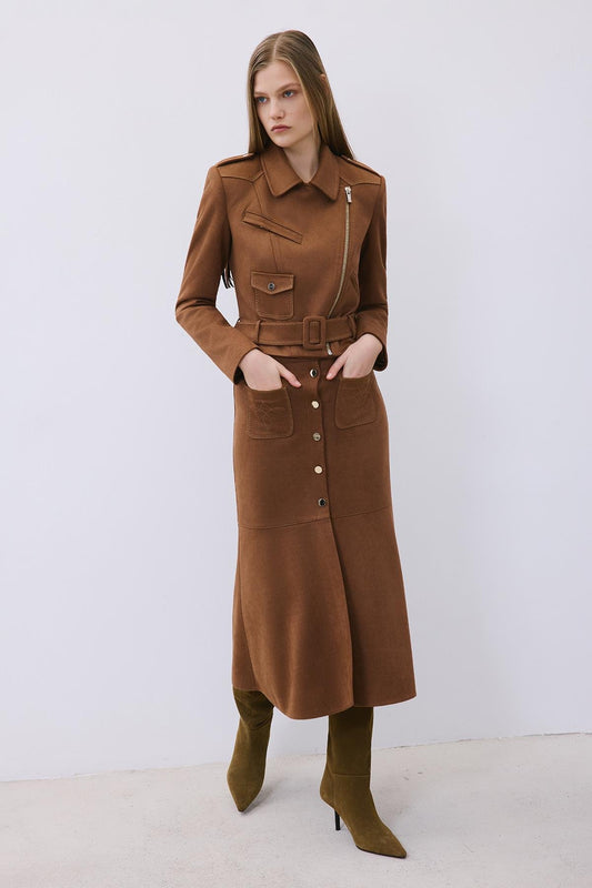 Gold Detaylı Süet Midi Kahve Etek