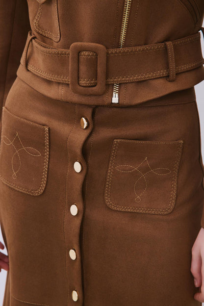 Gold Detaylı Süet Midi Kahve Etek