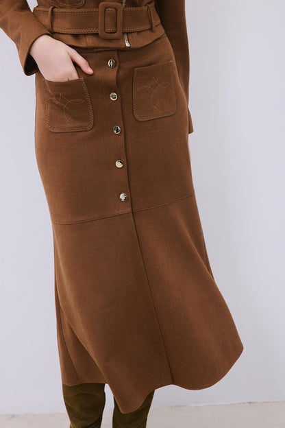 Gold Detaylı Süet Midi Kahve Etek