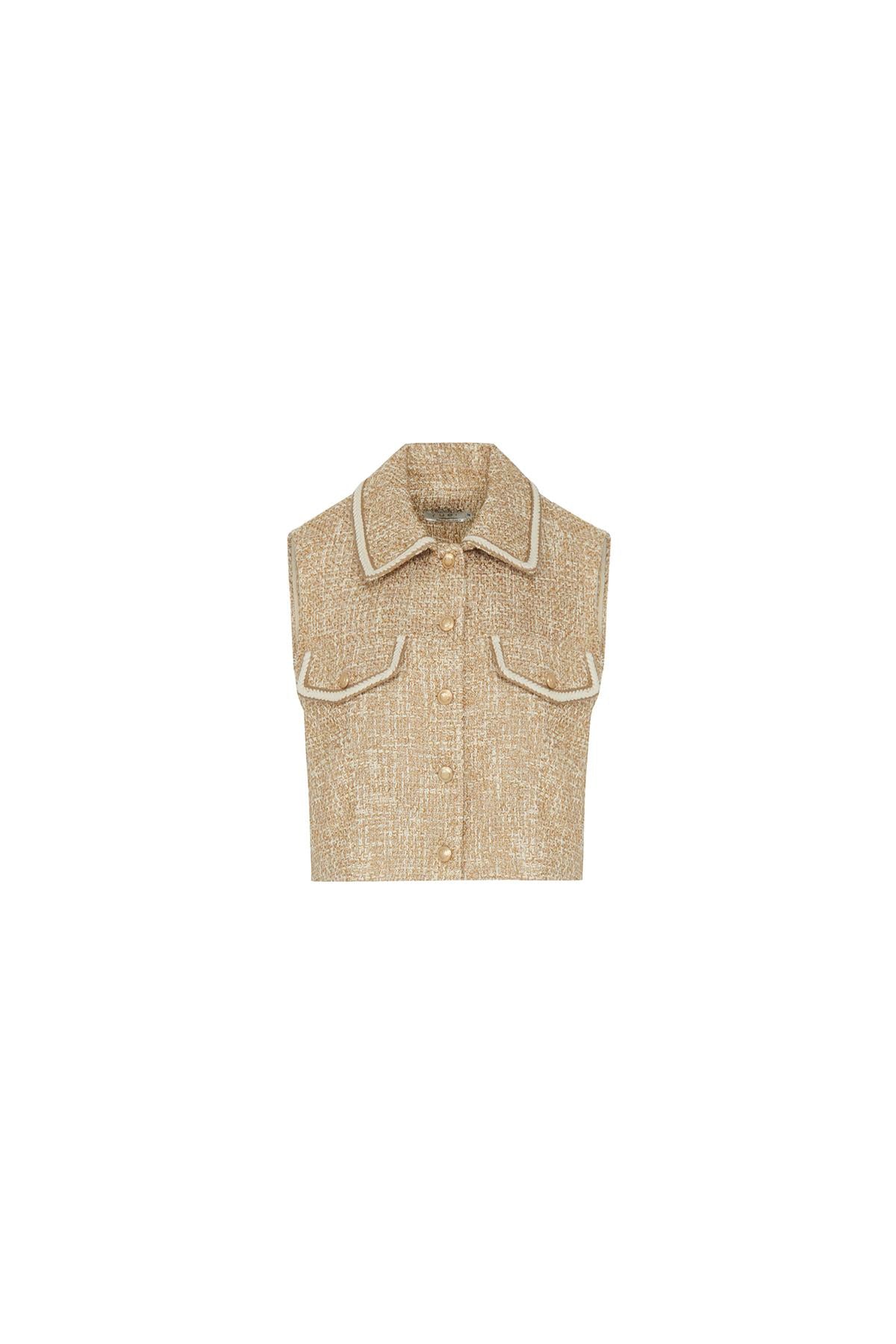 Gold Düğme Detaylı Camel Crop Yelek