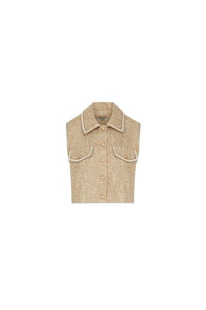 Gold Düğme Detaylı Camel Crop Yelek