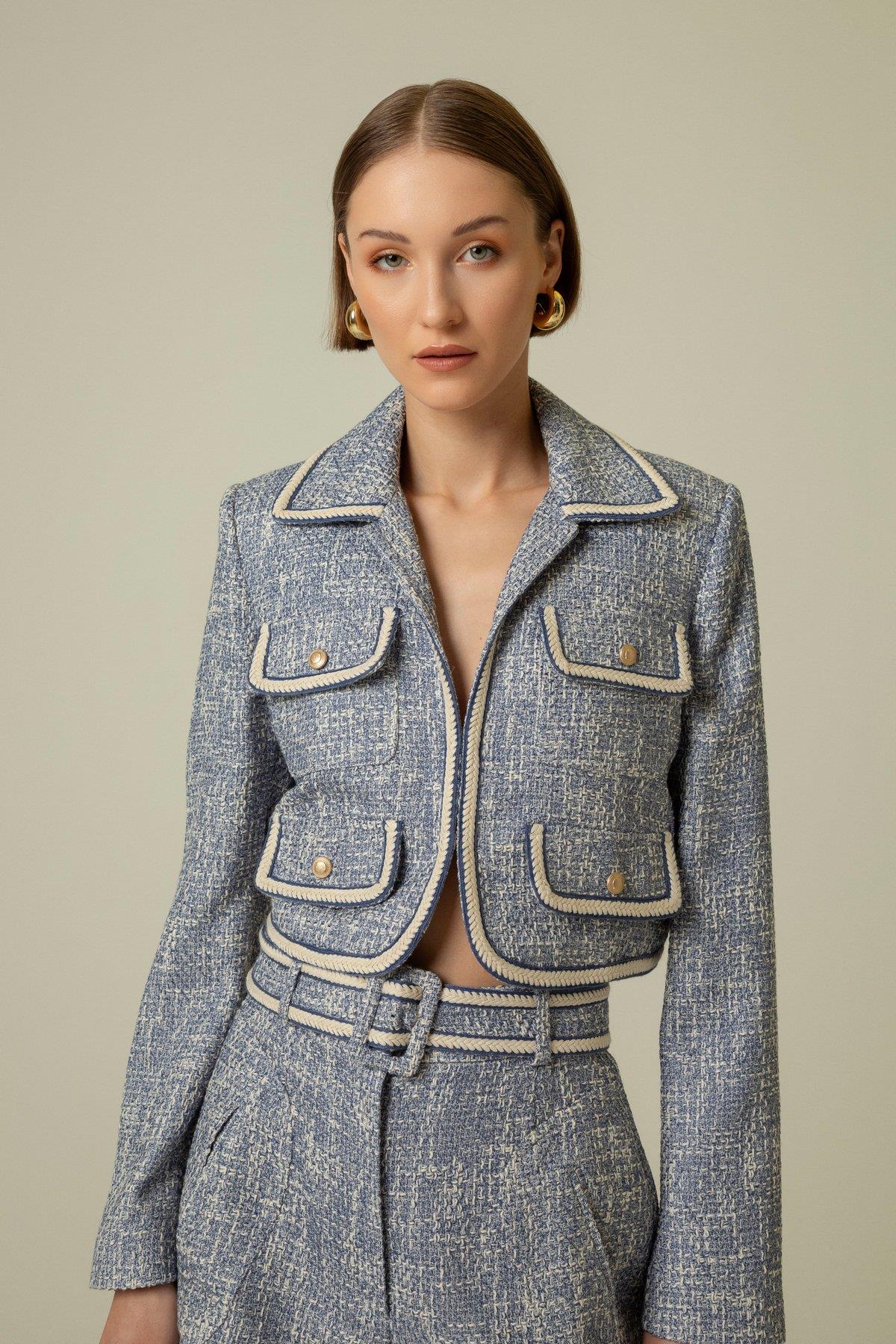 Gold Düğme Detaylı Indigo Crop Ceket