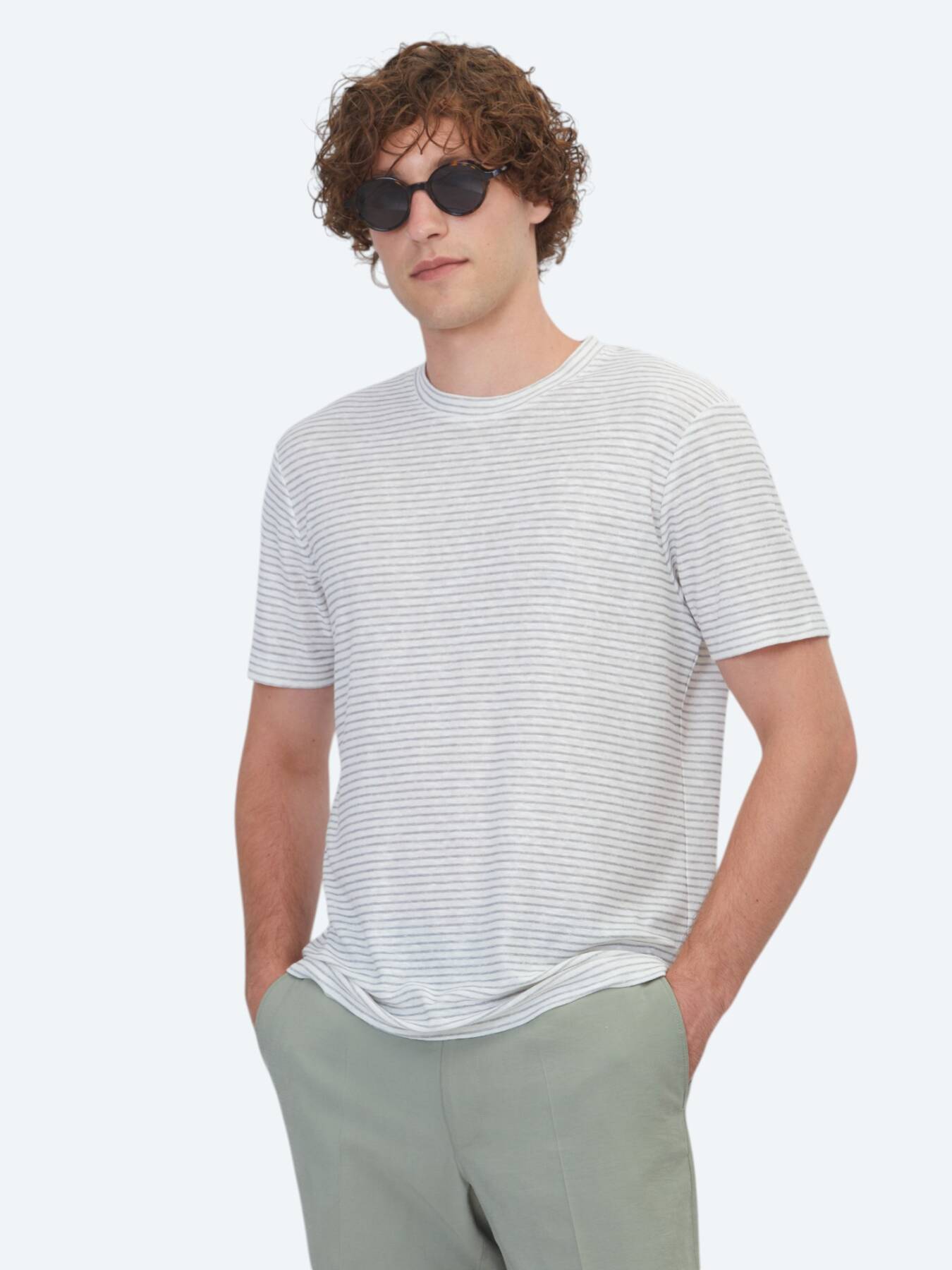 Gri Çizgili %100 Keten T-shirt