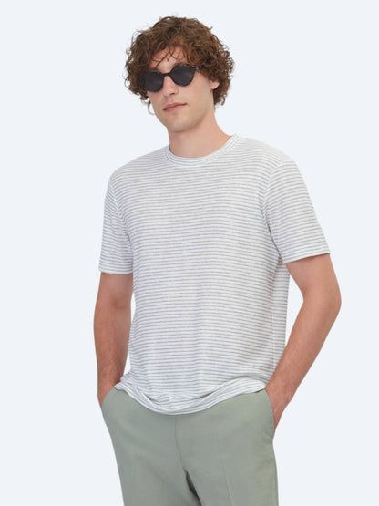 Gri Çizgili %100 Keten T-shirt