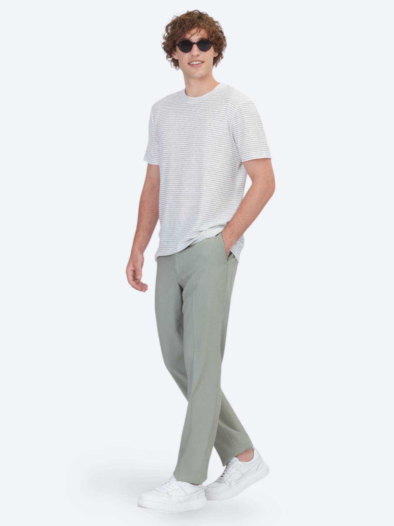 Gri Çizgili %100 Keten T-shirt