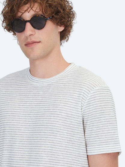 Gri Çizgili %100 Keten T-shirt