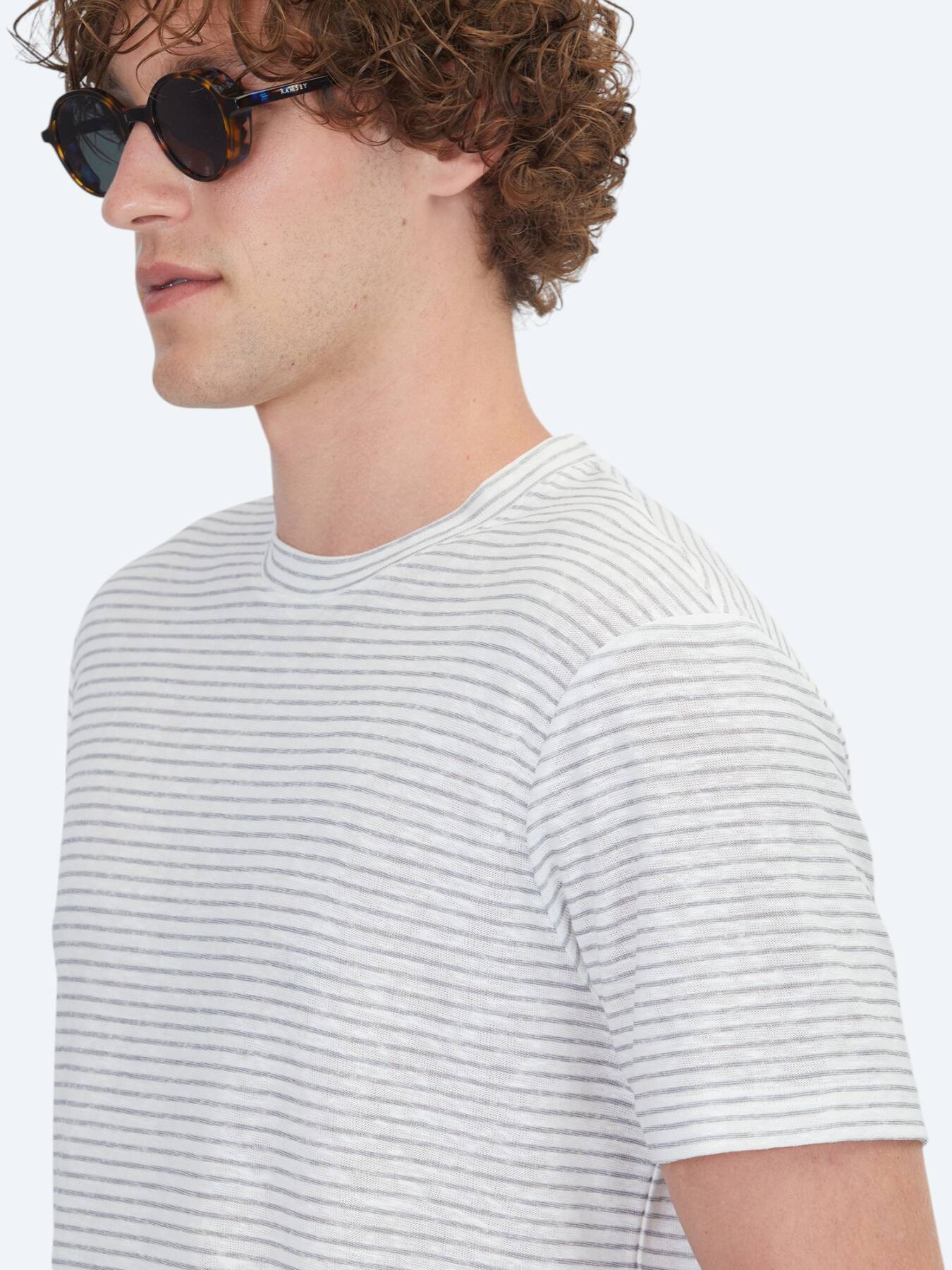 Gri Çizgili %100 Keten T-shirt