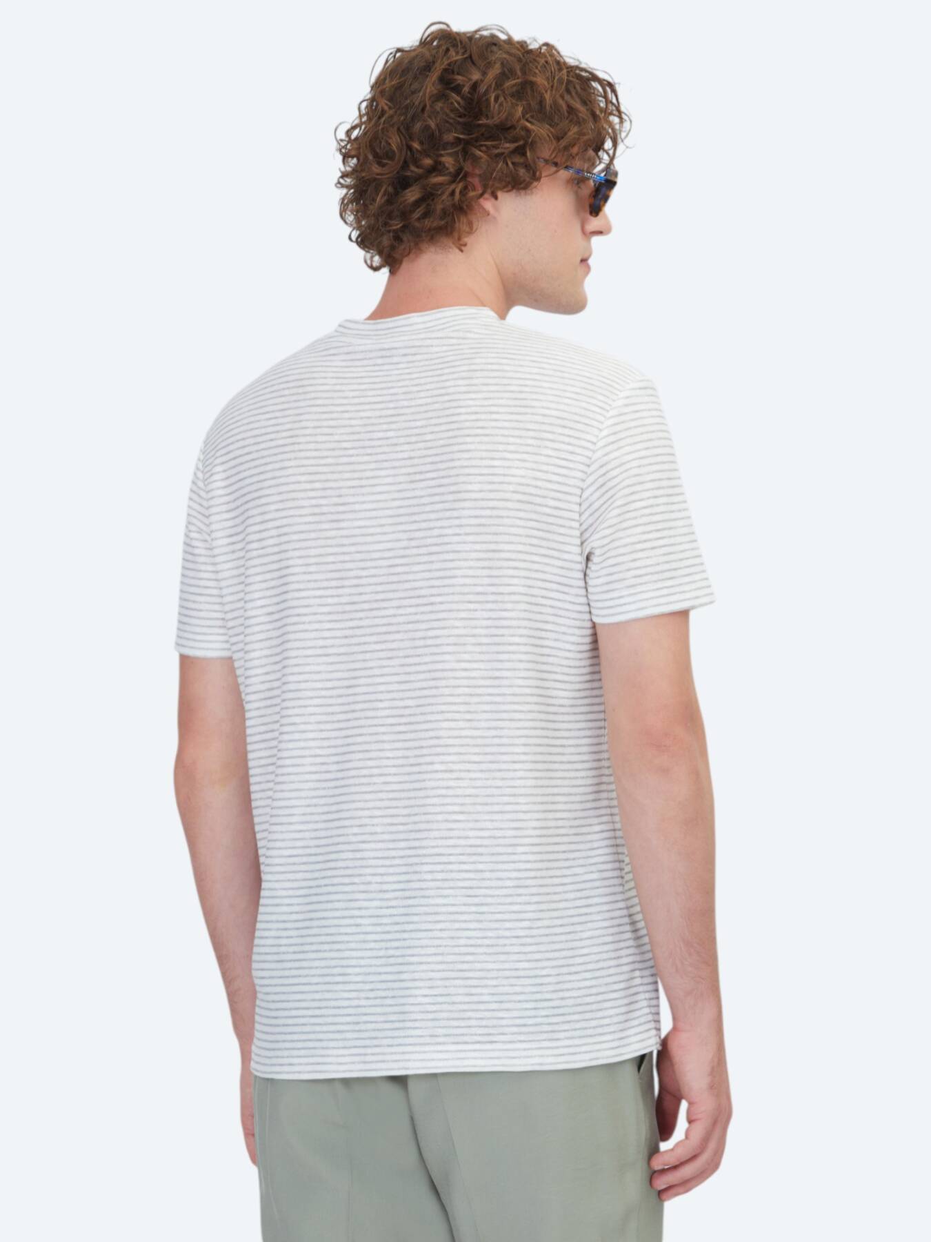 Gri Çizgili %100 Keten T-shirt