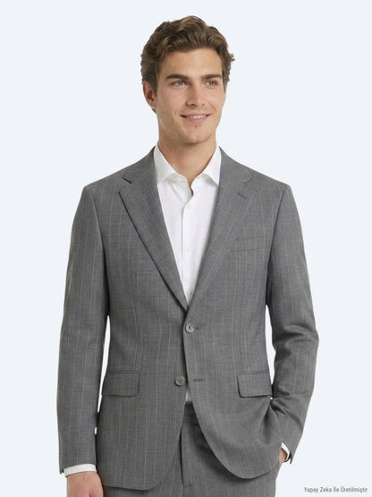 Gri Çizgili Modern Fit Ipek Karışımlı Takım Elbise