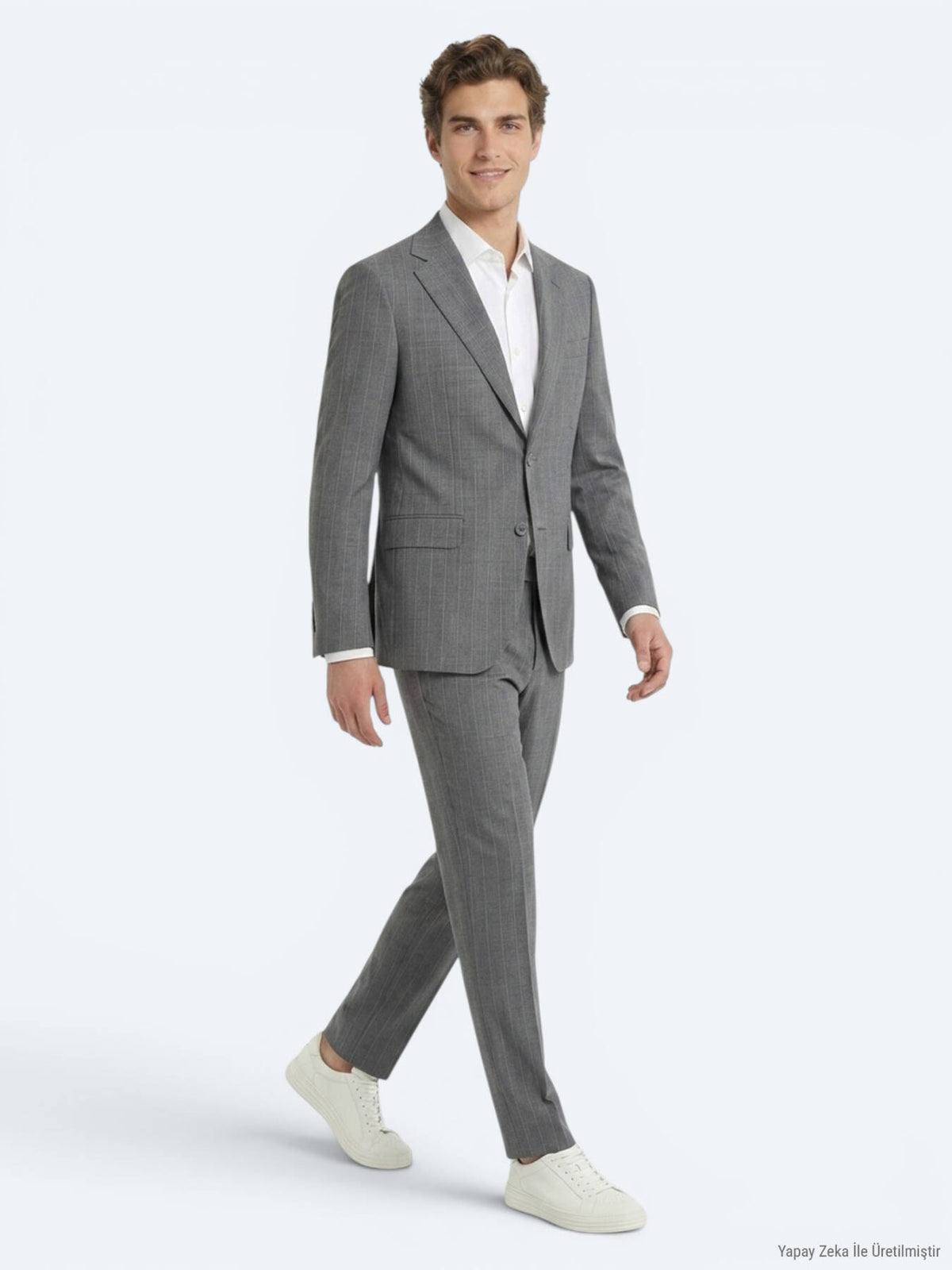 Gri Çizgili Modern Fit Ipek Karışımlı Takım Elbise