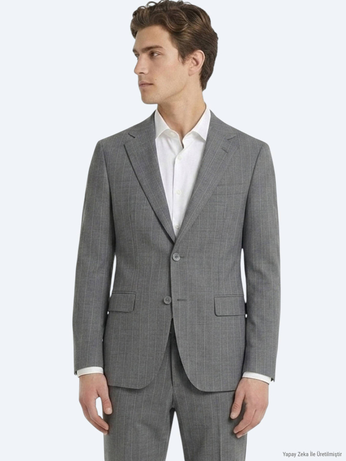 Gri Çizgili Modern Fit Ipek Karışımlı Takım Elbise
