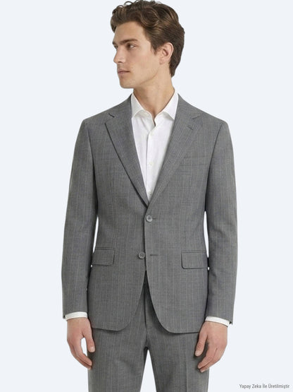 Gri Çizgili Modern Fit Ipek Karışımlı Takım Elbise