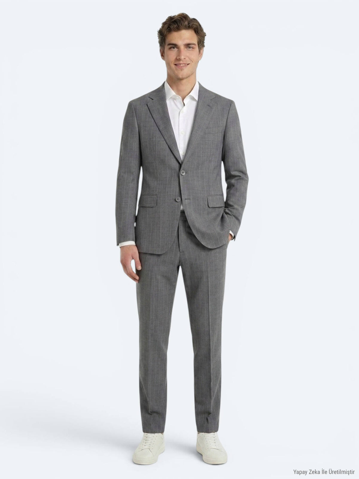 Gri Çizgili Modern Fit Ipek Karışımlı Takım Elbise