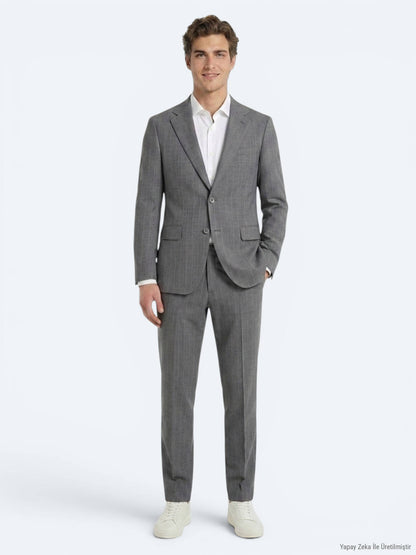 Gri Çizgili Modern Fit Ipek Karışımlı Takım Elbise