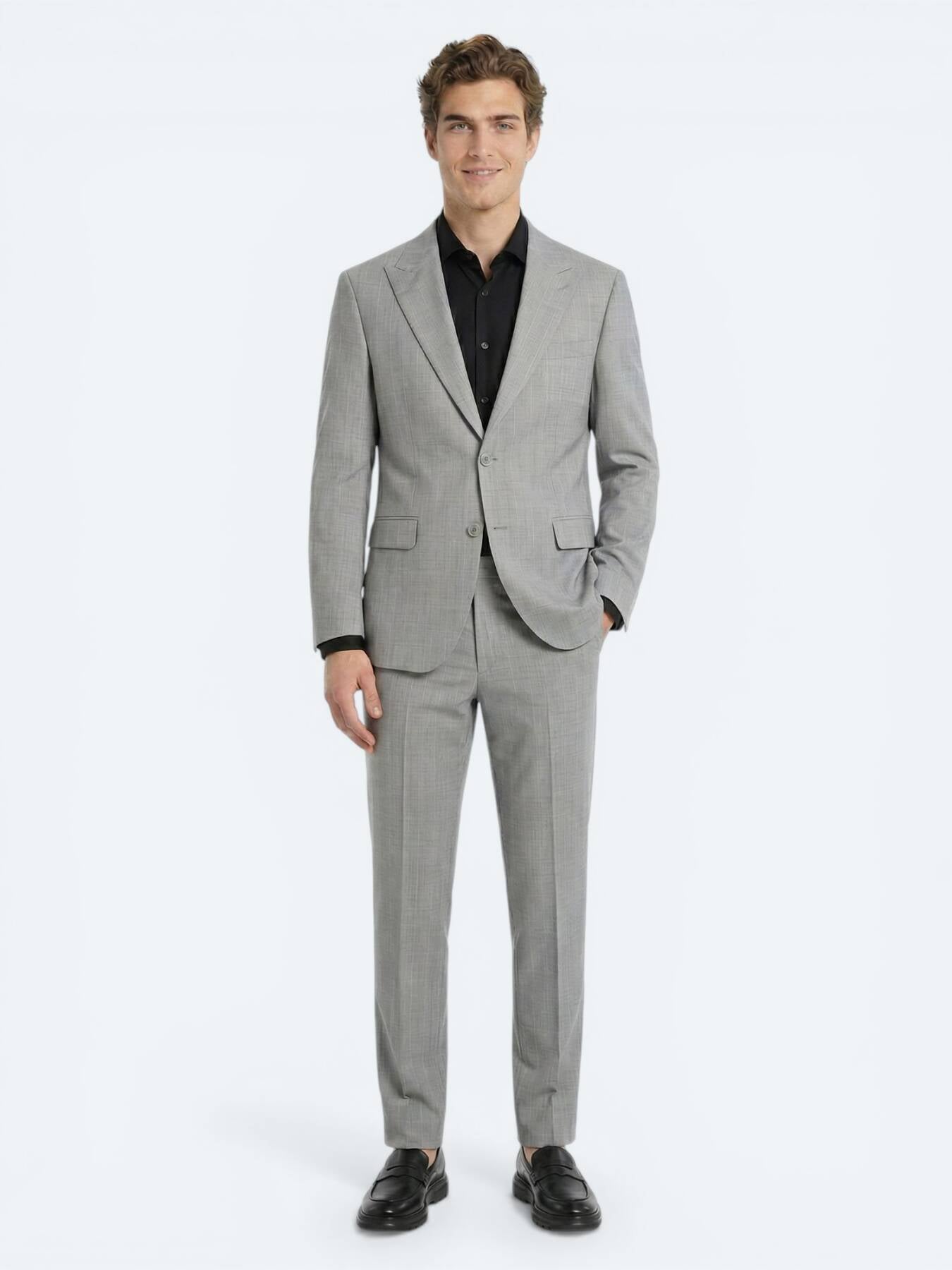 Gri Çizgili Modern Fit Yün Karışımlı Takım Elbise