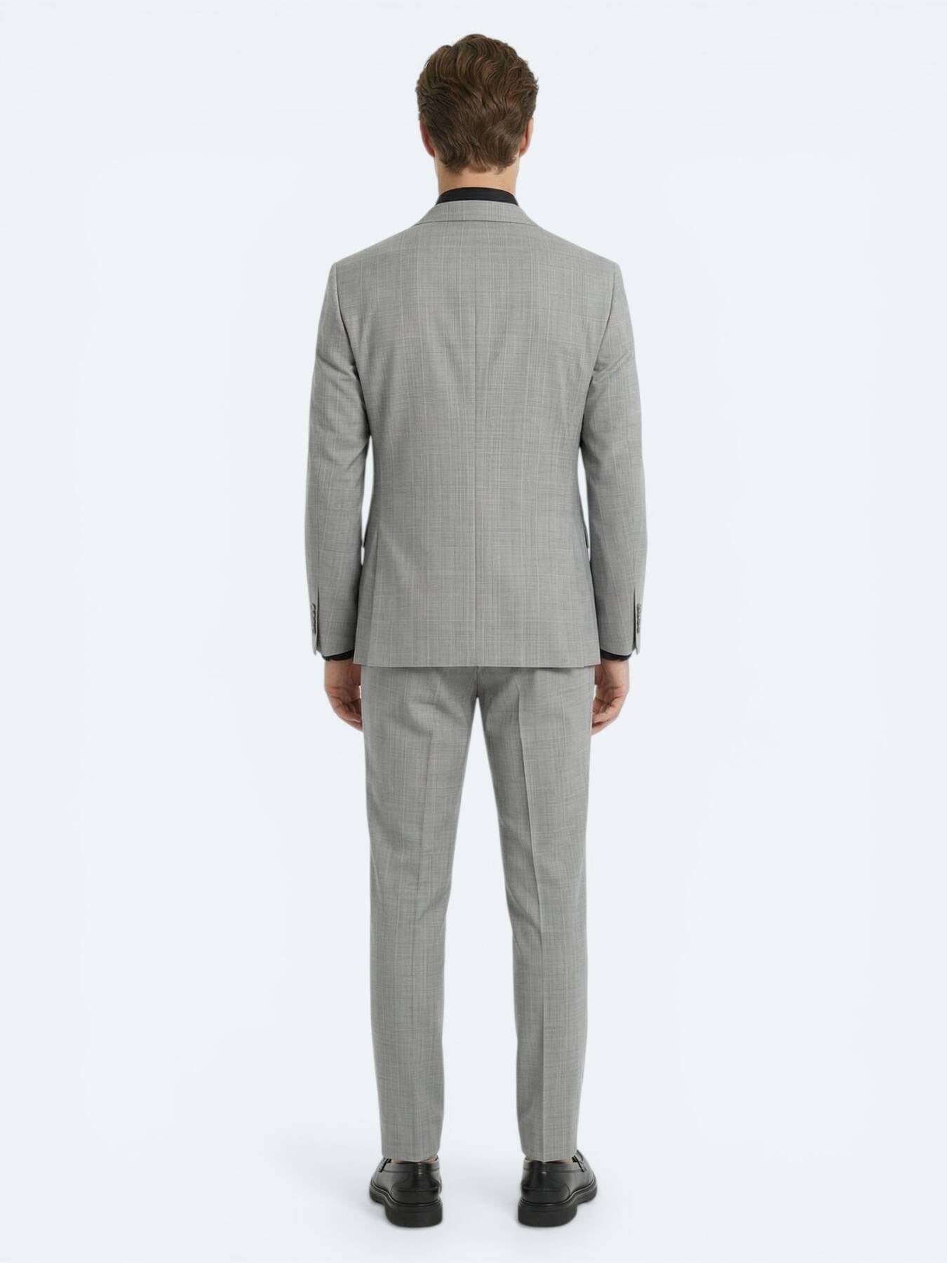 Gri Çizgili Modern Fit Yün Karışımlı Takım Elbise