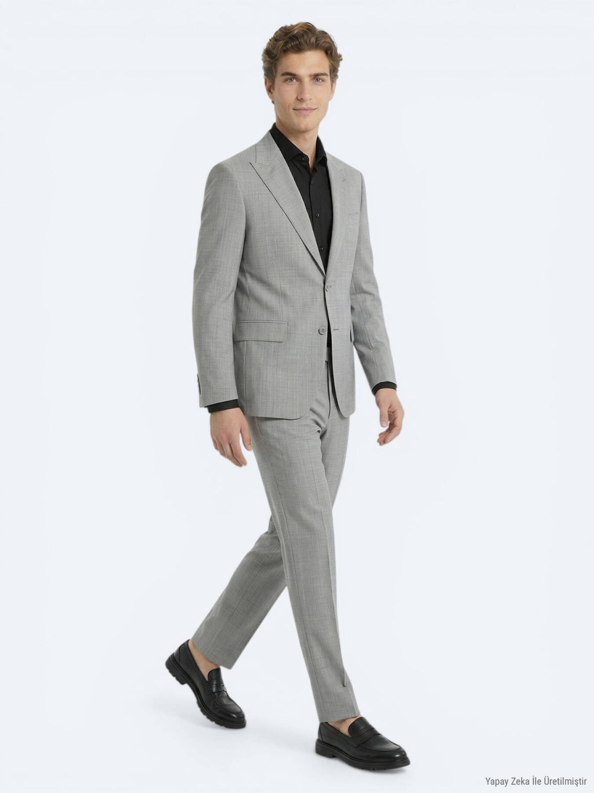 Gri Çizgili Modern Fit Yün Karışımlı Takım Elbise